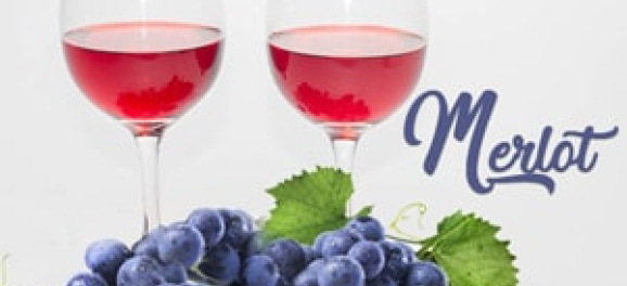 Wine glasses, grapes and text 'Merlot'