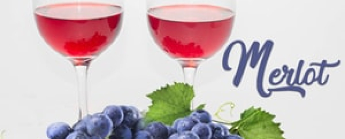 Wine glasses, grapes and text 'Merlot'